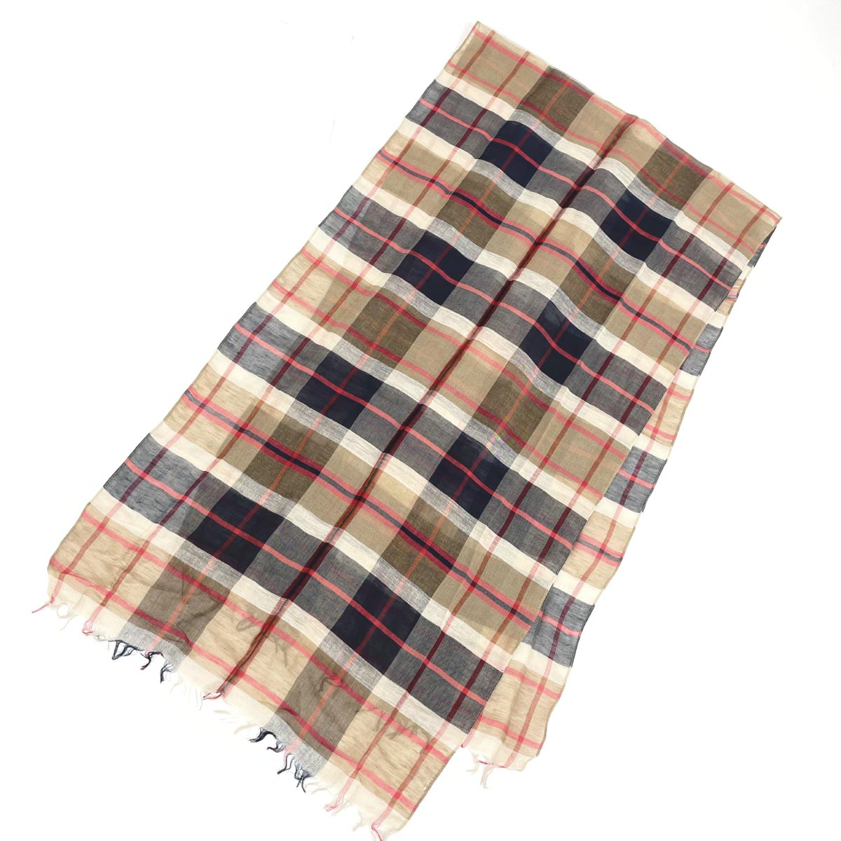 MACKINTOSH PHILOSOPHY マッキントッシュフィロソフィー ストール 良好 ベージュ リネン チェック フリンジ レディース 服飾小物 【中古】