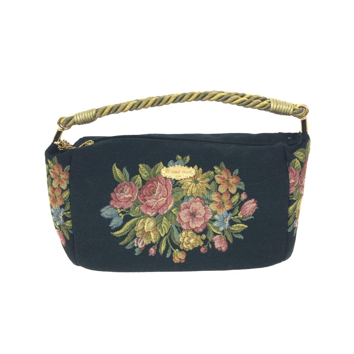 Think Bee シンクビー ボートバッグ ポーチ 良好 ブラック ゴブラン織 花柄 ブーケ レディース 小物入..