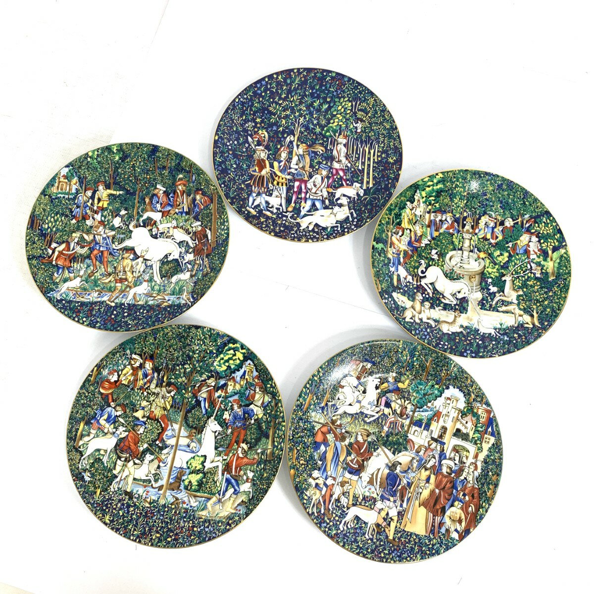 Limoges アビランドリモージュ プレート5枚 中世タペストリーコレクション/ユニコーン狩り/金彩絵皿 1972～1976年 グリーン 【中古】