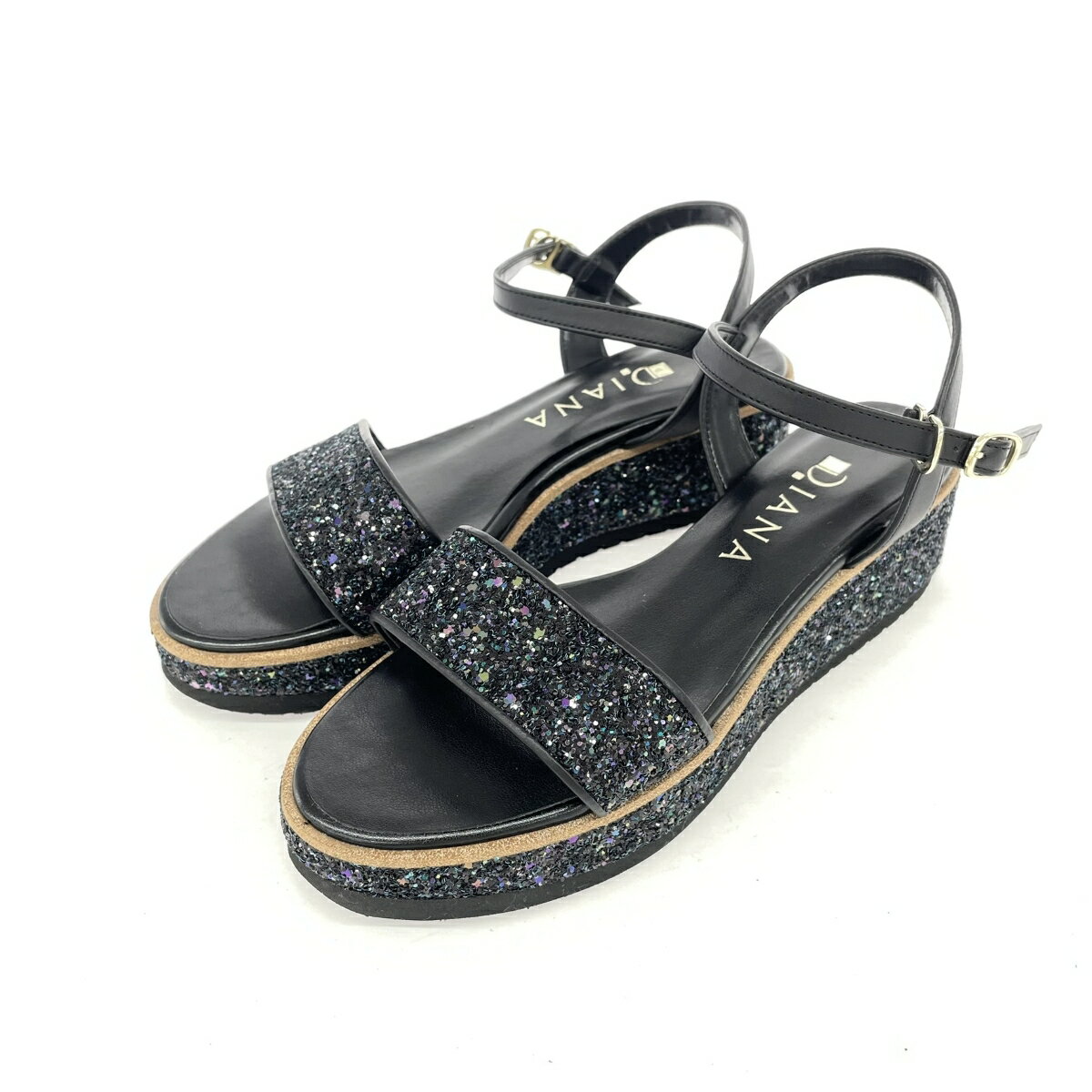 DIANA ダイアナ サンダル 良好 表記サイズ:23.0 アンクルストラップ グリッター ブラック レディース【中古】