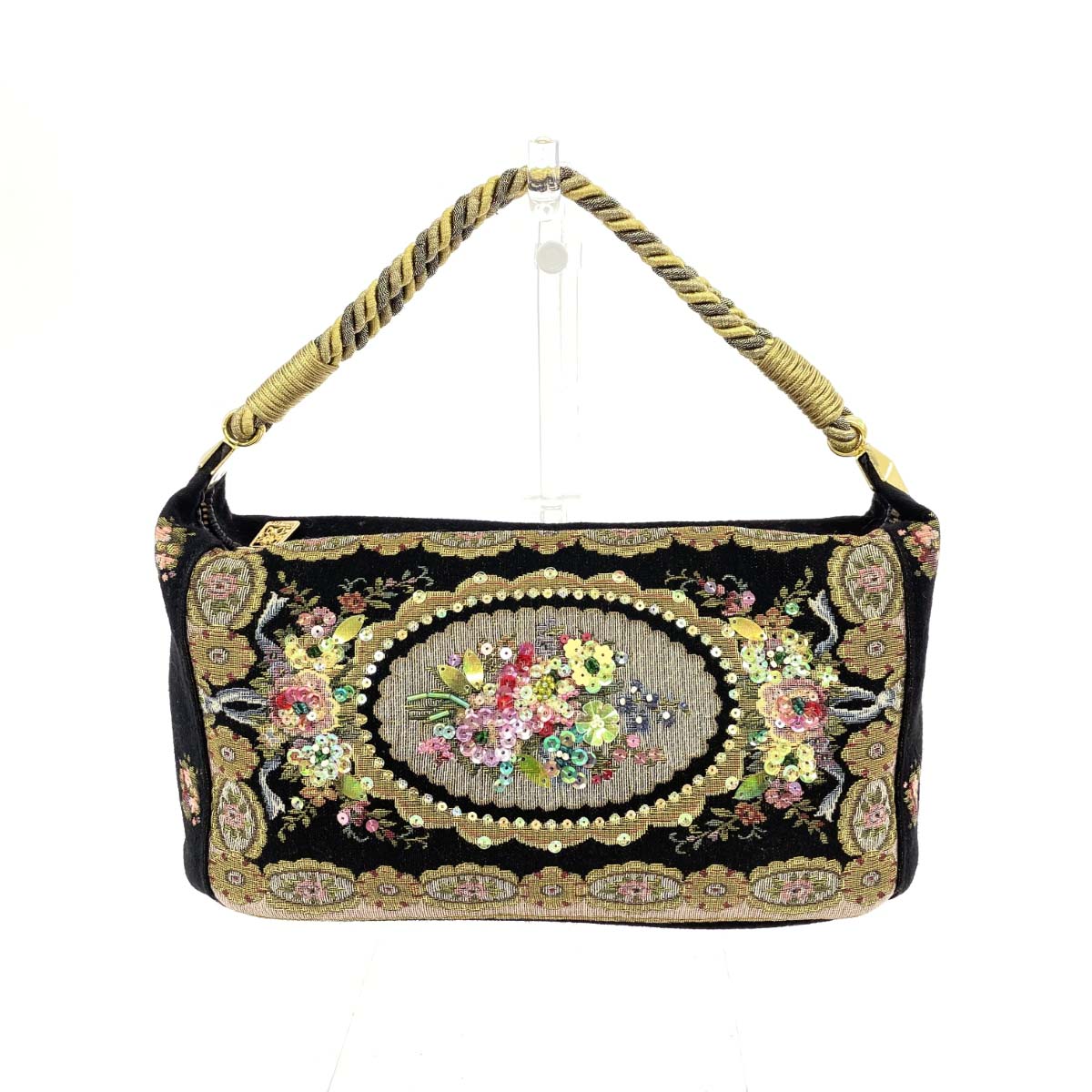 Think Bee シンクビー ハンドバッグ/ボートバッグ 花柄/ブーケ/スパンコール/ビーズ/ゴブラン織 ブラッ..