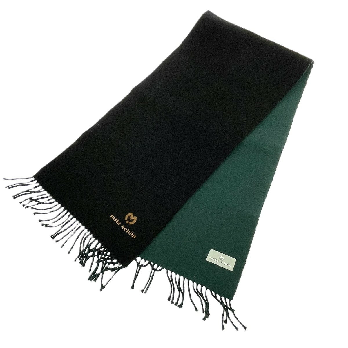 MILA SCHON ミラショーン フリンジマフラー ロゴ刺?/ダブルフェイス ブラック/グリーン ユニセックス【..