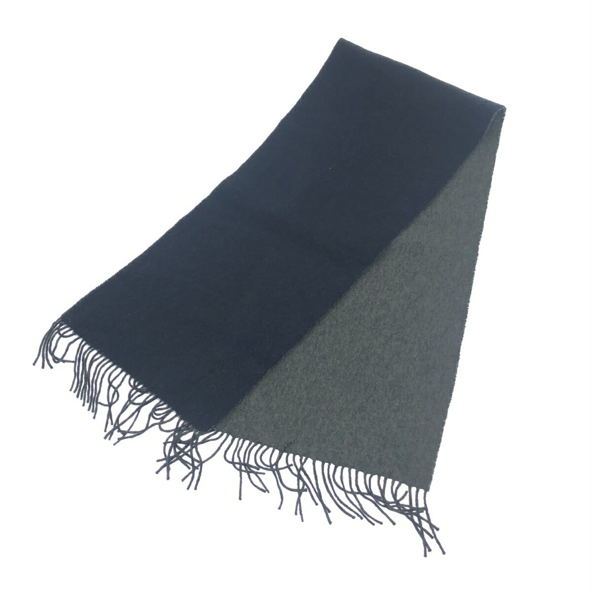 pierre cardin ピエールカルダン フリンジマフラー 良好 ダブルフェイス/ロゴ刺繍 グレー/ネイビー メンズ【中古】