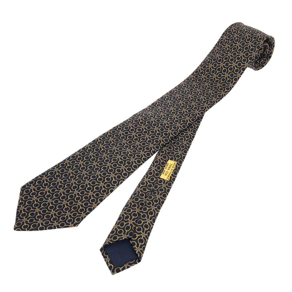 HERMES エルメス ネクタイ 良好 総柄/シルク/ネイビー シルク100％ ネイビー メンズ【中古】