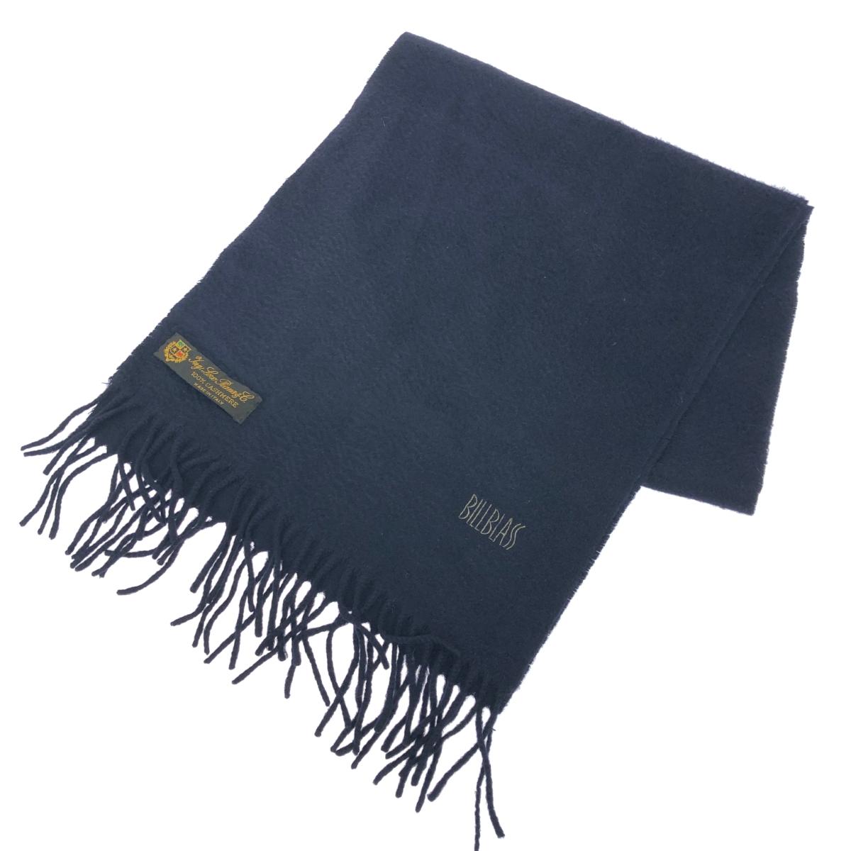 BILL BLASS ビルブラス フリンジマフラー/ロロピアーナ 良好 ロゴ刺繍/カシミヤ ネイビー メンズ【中古】