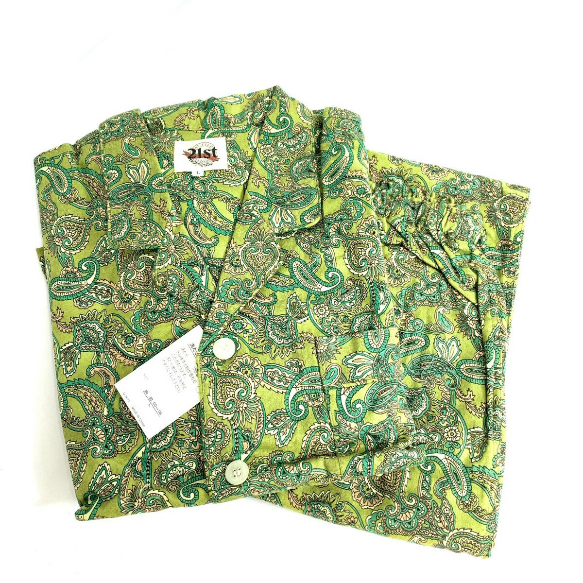 21st 長袖長ズボン パジャマ 未使用品 L ペイズリー/コットン グリーン メンズ【中古】