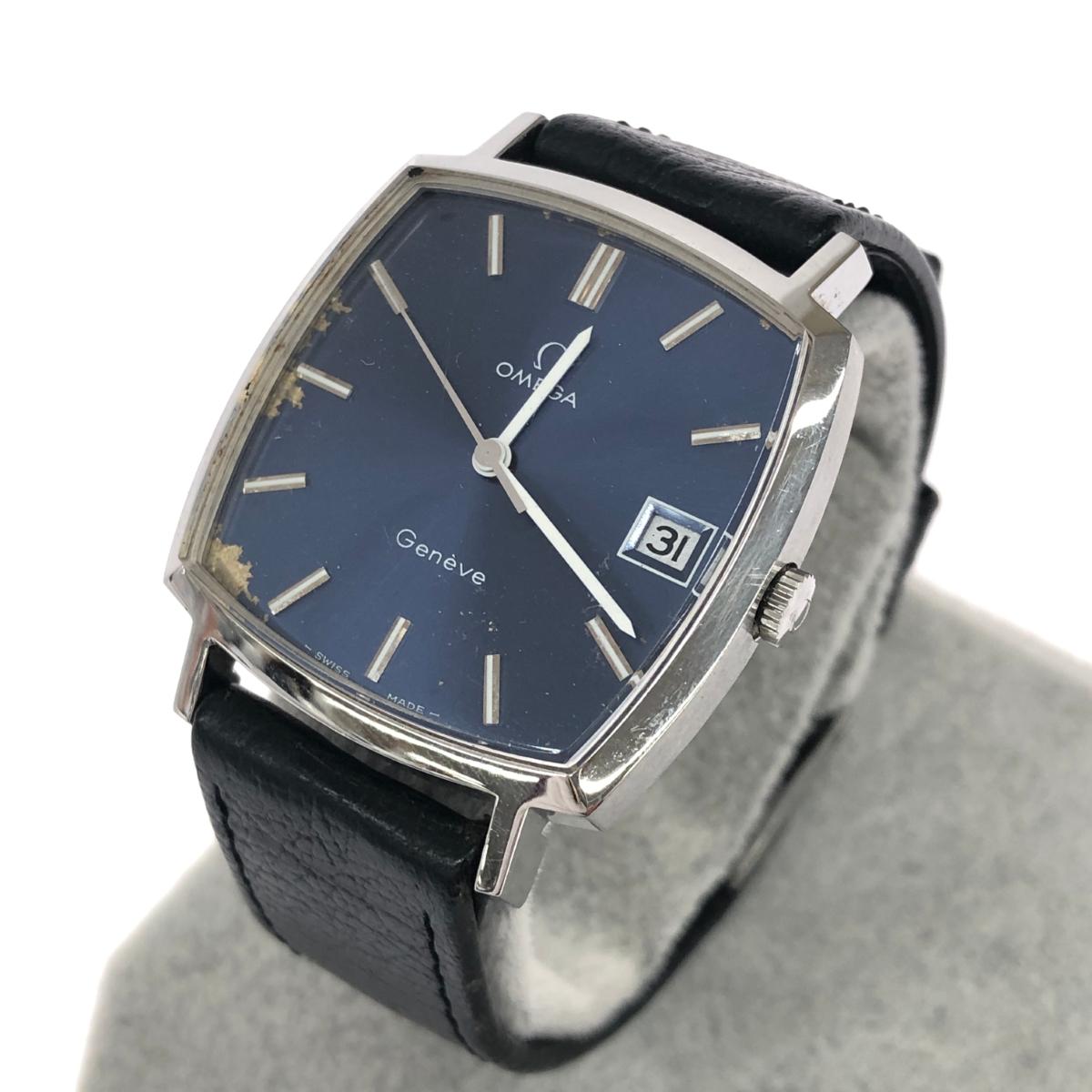 OMEGA オメガ ジュネーブ/手巻き腕時計 スクエア型/青文字盤/3針/デイト ヴィンテージ品 シルバーカラー メンズ【中古】