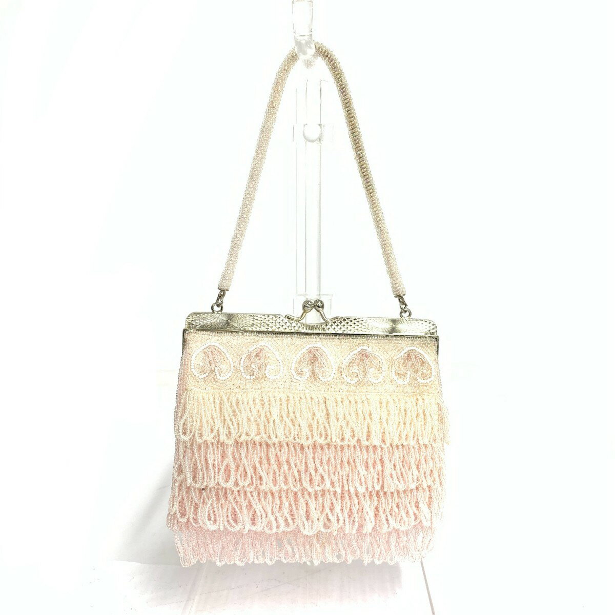 ノーブランド がま口ハンドバッグ ビーズ ピンク レディース【中古】