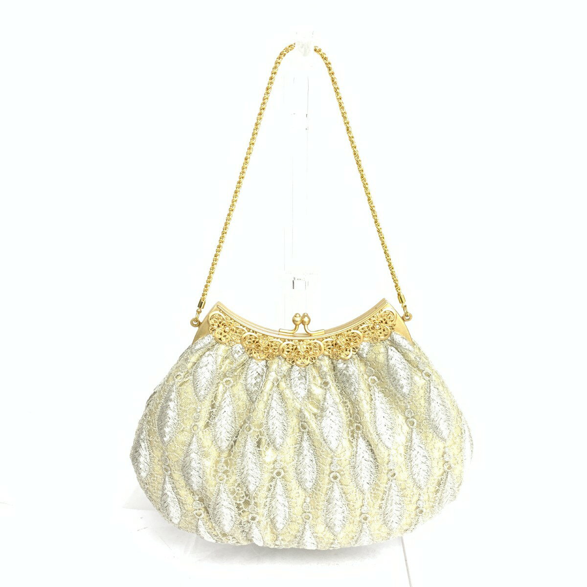 ノーブランド がま口ハンドバッグ 良好 チェーン　刺繍 レース サテン ゴールドカラー レディース【中古】
