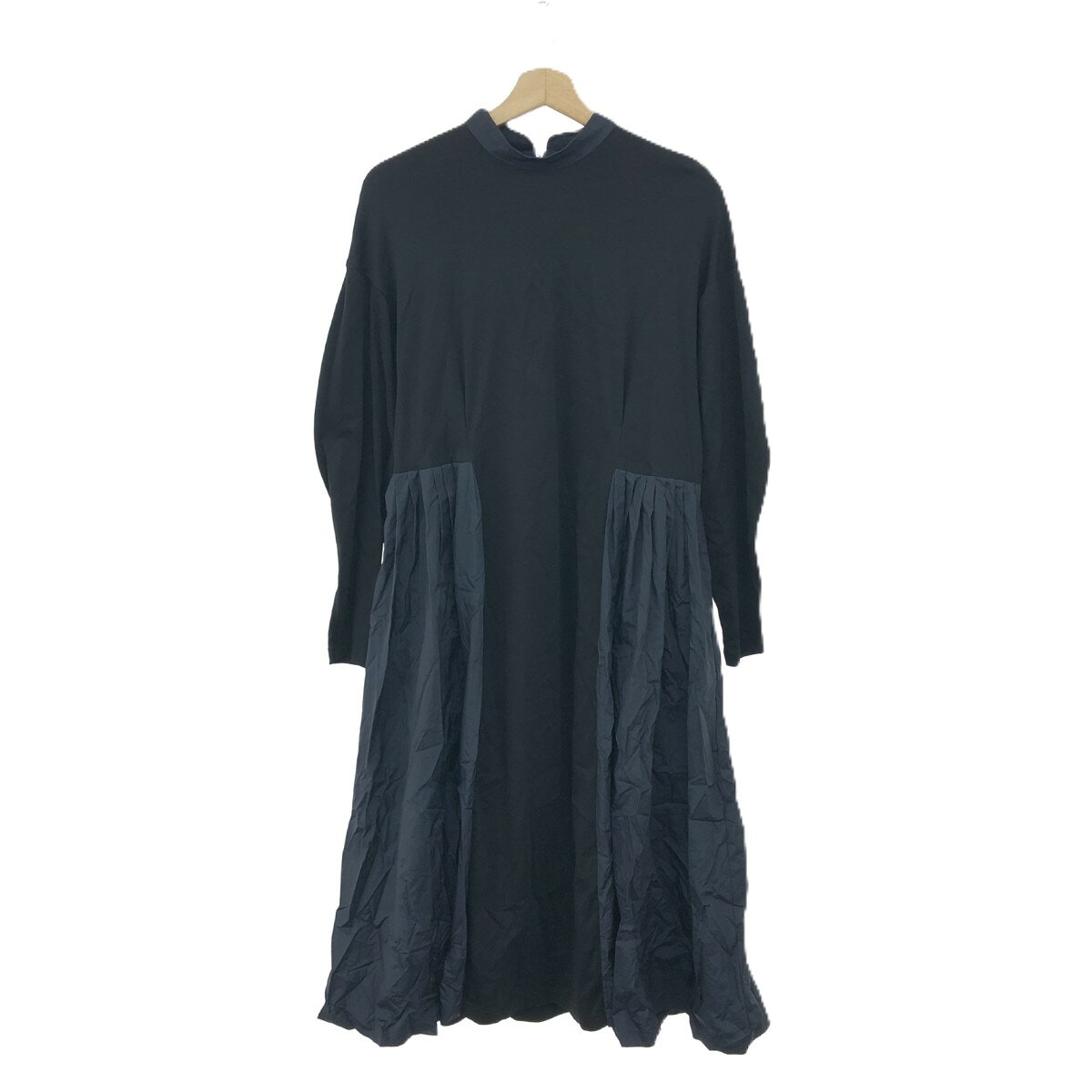 LANVIN en Bleu ランバンオンブルー タフタコンビスタンドワンピース 良好 サイズ:38 長袖/異素材 ブラック/ネイビー レディース【中古】