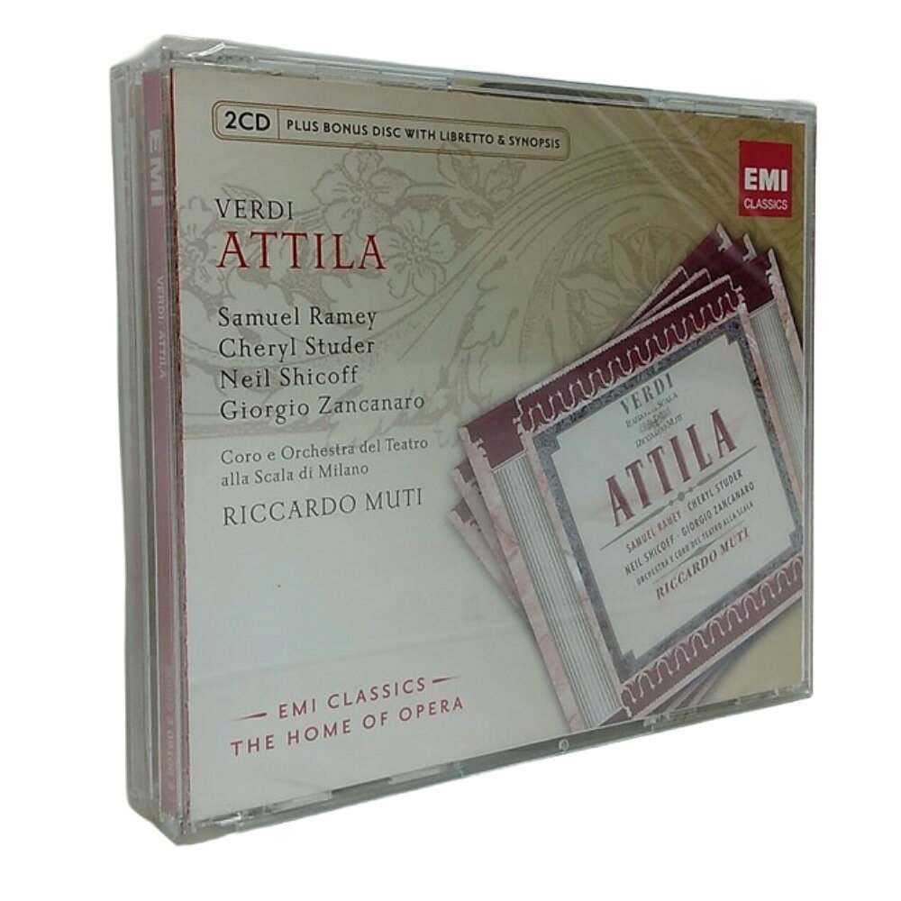 ☆商品詳細☆ ジュゼッペ・ヴェルディ作曲の歌劇『アッティラ』全曲（2CD仕様、EMI Classics盤）のCDです。 (「タワーレコード」より引用。) 商品名　　：VERDI ATTILA ヴェルディ アッティラ 　　　　　　CD2枚+CD-ROM1枚組 メーカー　：EMI Classics 型番　　　：30910621 製品コード：5099930910621 発売年　　：2010年01月18日 構成数　　：CD2枚+CD-ROM1枚 演奏　　　：リッカルド・ムーティ（指揮） 　　　　　　ミラノ・スカラ座合唱団、管弦楽団 　　　　　　他 録音　　　：1989年6月,、7月 アバネッラ、ミラノ 時間　　　：CD1: 76.01 　　　　　　CD2: 39.50 商品サイズ：縦約12.5cm横約14.3cm厚さ約2.5cm 商品重量　：約195g 商品状態 簡易清掃済です。 未開封で長期保管品となります。 シュリンクフィルムに穴が開いており、傷や汚れ、しわのようなものがあります。 ※出品時に確認はしていますが、小傷等見落としがある 　場合がございます。 その際はご容赦ください。 ・当店の取り扱う商品は、全て二次流通品を商品として出品しております。 キズ、汚れなどのある商品であることをご理解、ご納得のうえでのご購入を検討願います。 ・商品の専門的な動作、接続や設置方法などのご質問、お問い合わせには、お答えいたしかねます。 ・当店の出品商品（セット品、まとめて出品している商品を含む）は、一点ずつの質問対応、部品、パーツ、 一部商品のみの取引対応は、応じいたしかねます。 ・当店の取り扱う商品におきましては、全品お客様自身でのメンテナンスを前提にご購入を検討願います。 当店ではお客様都合による返金・交換は受け付けておりませんので、ご了承の上ご購入お願いします。 その他の場合は、ページ右下の「返品について」をご覧ください。 こちらの商品は日本郵便配送になります。配達時間が指定できませんので、ご了承下さい。 【セットリスト】 1- 1　 前奏曲 3:18 　　　プロローグ 1- 2　 ウリル、ラピネ 2:00 1- 3　 英雄たちよ、立ち上がれ！ 1:04 1- 4　 国王万歳 1:24 1- 5　 外国人処女について 1:00 1- 6　 ストロングランが 2:44 1- 7　 美しい怒りよ、おお、乙女よ 0:44 1- 8　 あなたからこれ 2:44 1- 9　 ウルディーノ、私の前に現れた使者 2:13 1-10　年が経つのが遅すぎる 3:24 1-11　しかし、もし兄弟の絆が 1:02 1-12　虚栄心 2:13 1-13　なんて素晴らしい夜だったのでしょう！ 2:55 1-14　朝の息吹 2:10 1-15　どちらがお好みですか？ 0:53 1-16　ここで、ここで止まります 1:30 1-17　彼女は野蛮人の力の中に 2時30分 1-18　旋風はついに止んだ 0:42 1-19　故郷の顔 第1幕 1-20　リバメンテ・オル・ウィープ 2:44 1-21　ああ！逃亡者の雲の中で 3:32 1-22　足音って何？ 1:30 1-23　はい、それは私です 3:29 1-24　行け！冒涜的な悪名高き者に伝えろ 1:14 1-25　ああ、あなたは抱擁に酔いしれる 2:16 1-26　ウルディーノ！ 1:58 1-27　腫れている間 3:02 1-28　ホラー 0:34 1-29　その限界を超えて 2:17 1-30　話せ、押し付けろ…来い。心が訪れる 2:28 1-31　フラジェラーによるオークション 1:26 1-32　いや！…夢じゃない 0:58 1-33　スピリッツ、ストップ 3:52 第2幕 2- 1　 フン族との休戦 2:16 2- 2　 不滅の頂点から 2:35 2- 3　 誰が来るの？ エツィオに挨拶を 1:34 2- 4　 私の運命は決まった 2:36 2- 5　 天の広大な穹窿 1:36 2- 6　 エツィオさん、ようこそ！ 2:14 2- 7　 心に光を与えるのは誰か 1:47 2- 8　 ああ！山の精霊 2:49 2- 9　 恐ろしい 1:28 2-10　樫の木に再び火を灯そう 2:15 2-11　おお、勇敢なる者たちよ！ 2:53 第3幕 2-12　第3幕 - ここはコヴェーニョの場所です 2:49 2-13　惨めな人々は 2:16 2-14　これ以上、何にこだわる必要があるだろうか？ 2:04 2-15　アヴェルヌスの全ての悪魔 1:09 2-16　テ・ソル、テ・ソル・クエストアニマ 2:43 2-17　飛び去らないで、 1:20 2-18　悪党ども…テントの中で 3:14 CD-ROM ボーナスディスクには、あらすじと台本（英語、ドイツ語、フランス語訳付き）が収録されています。 (「Discogs」をGoogle翻訳で引用。)