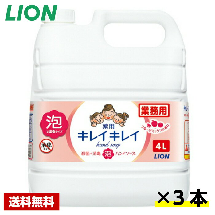 【送料無料】 キレイキレイ 薬用 泡ハンドソープ フルーツミックスの香り 4L×3本 ライオンケース販売 詰め替え用 業務用