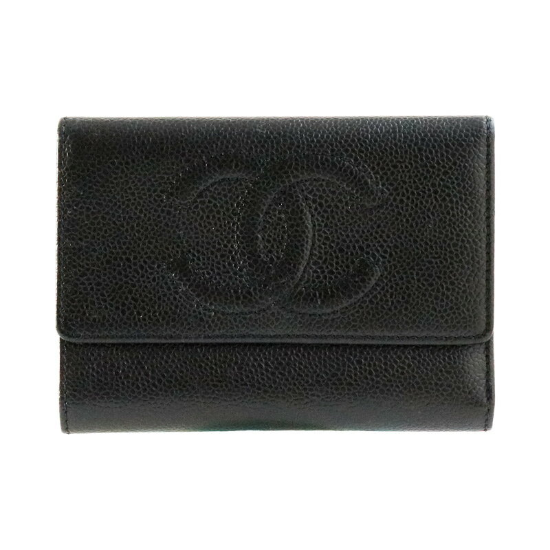 【中古】CHANEL シャネル 長財布 キャビアスキン チョコバー 二つ折り ブラック レディース メンズ イタリア製