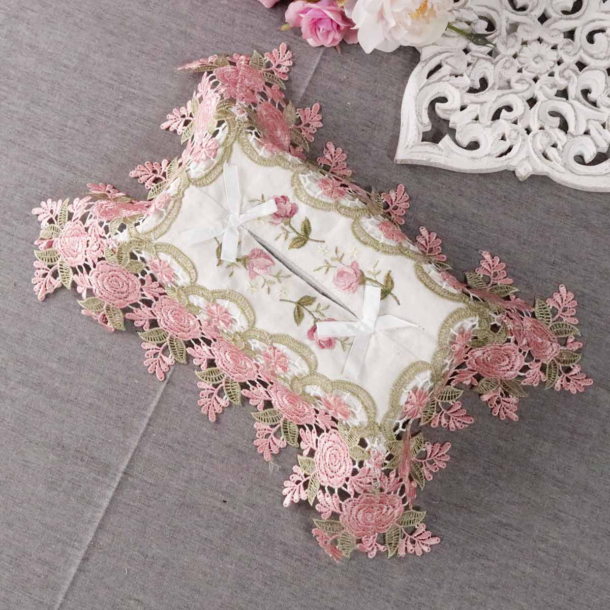 ティッシュケース レース ボックスティッシュケース おしゃれ 77886 イングリッシュレース 姫系 刺繍 花柄 バラ柄 薔薇雑貨 エレガント