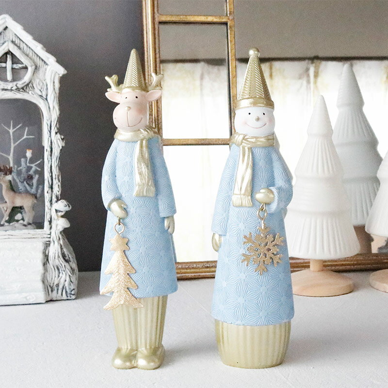 置物 かわいい インテリア クリスマス 飾り おしゃれ オーナメント 置き物 2個セット ウインター ブルー スノーマン エルク オブジェ 23cm キッチン 玄関 寝室 飾りのサムネイル