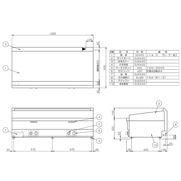 卓上ガスグリドル(サーモスタット付) 幅1200×奥行600×高さ300×バック150(mm) MGG-126TB マルゼン メーカー保証＋当店特別保証 合計2年保証付き!