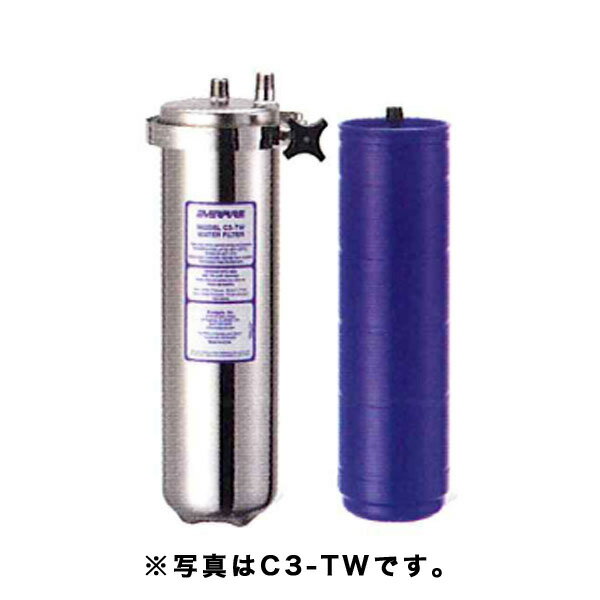 ・エバーピュア 浄水器 C3-TW 交換用カートリッジ 仕　　様 【メーカー】エバーピュア 【型　　番】358-TW 【主要ろ材】マイクロフィルター・マイクロカーボン 【ろ過流量】4.2L/分 【残留塩素ろ過能力】12000リットル 【残留塩素ろ過能力(2度)】12000リットル 【使用可能水圧】0.07〜0.8MPa 【使用可能温度】2〜82℃ 【浄水器本体】C3-TWはこちら 【送料について】沖縄・北海道・離島等に商品を配達希望の御客様は、送料について必ず当社に御問い合わせ下さい。 御問い合わせ先はメールあるいはお電話：本社(055-920-8008) にて承っております。 商　品　説　明 どうしてカートリッジ交換が必要なのでしょうか？ 交換しなければならない理由としては、次の6点があります。このうちの一つだけではなく、いくつもの問題が重なって生じる場合があります。 1, 1年以上使用すると、カートリッジ内で雑菌が増殖する可能性があります。 2, 1年以上使用すると、カートリッジの浄水性能が劣化します。水道水には有機物が含まれており、 　 これらの有機物と活性炭の接触時間が長くなればなるほど浄水性能が劣化します。 3, 6ケ月〜1年使用すると、残留塩素除去能力が低下し塩素臭が除去できず、臭い水になります。 4, 6ケ月〜1年使用すると、水道水中の濁質がフイルターに付着して目づまりの現象を起こし、 　 流水量が少なくなり機器のトラブルの原因になることもあります。 5, 流水量が少なくなると蛇口で使用する場合、水量が確保できず使いにくくなります。 6, 日本水道協会の指導として「カートリッジの使用限界月数は衛生性を確保するため上限を12ケ月 　 とする。」という事項があります。 エバーピュアのカートリッジは安全・簡単に交換できます。 「カートリッジの交換方法」を参照していただければ、エバーピュアのカートリッジはどなたにでも簡単 に、安全に交換することができます。また、交換の仕組み、工夫として次のような特徴があります。 1, QL(QC)ヘッドは全てのカートリッジに共通で互換性があります。 2, カートリッジには基本的に3種類(2タイプ・4タイプ・7タイプ)のサイズがあり、 　 使用水量及び流量により選定できます。 3, カートリッジには各種の濾過精度(0.5μ〜30μ)を用意していますので、 　 使用する機器及び使用水量に合わせて選定できます。 4, カートリッジが目詰りして供給水量が間に合わない時のために、 　 一時的に簡単に直結するためのバイパス用ディバーターを用意しています。 5, ヘッドにストップバルブが内蔵されているので、元バルブを閉めることなくカートリッジの交換が可能です。 6, 浄水器が機器に直結しているような場合は、QL(QC)ヘッドにT-ニップルを取り付けることにより、 　「水抜き」が浄水器を外さずに非常に簡単にできます。こちらの商品は交換用カートリッジです