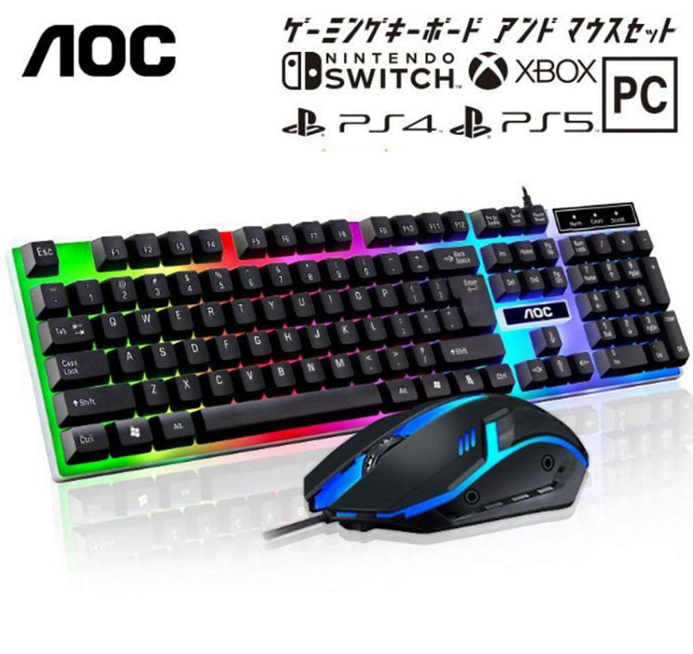 AOC ゲーミングキーボード マウス セット 防水 静音 有線 RGB USB 3段階DPI フルサイズ バックライト LED KM100 PC/Windows/Mac対応