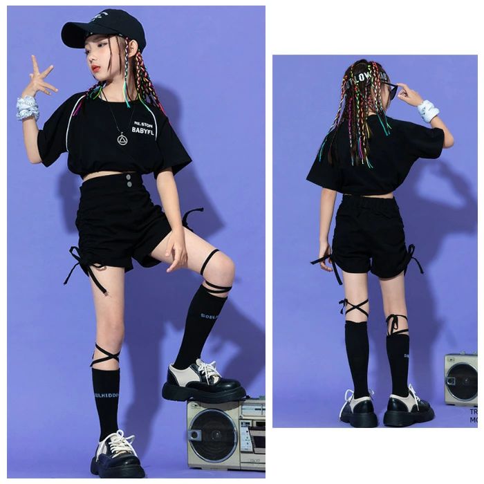 キッズダンス衣装 女の子 セットアップ お洒落 派手 へそ出し トップス 半袖 黒Tシャツ 白Tシャツ ショーツ 子供服 ファッション 体操服 応援団 チアガール ステージ衣装 韓国子供服 k-pop ヒップホップ クラス活動 原宿系 ダンス衣装 キッズ