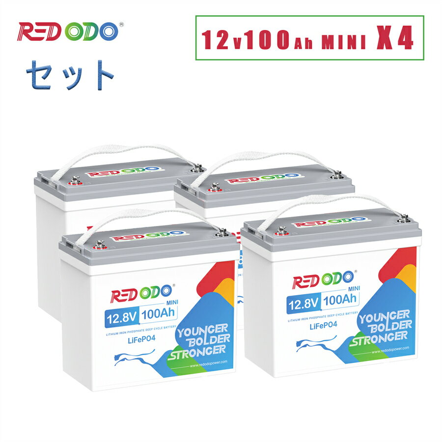 【4点ご購入で2％割引】Redodo 4個セット 12V 100Ah Mini リン酸鉄リチウムイオンバッテリー 1280Wh ミニサイズ LiFePO4 10年寿命 BMS保護 充放電サイクル4000~15000回 小型化 容量拡張 キャンピングカー 車中泊 釣り サブバッテリー 家庭蓄電 防災グッズ オフグリッド