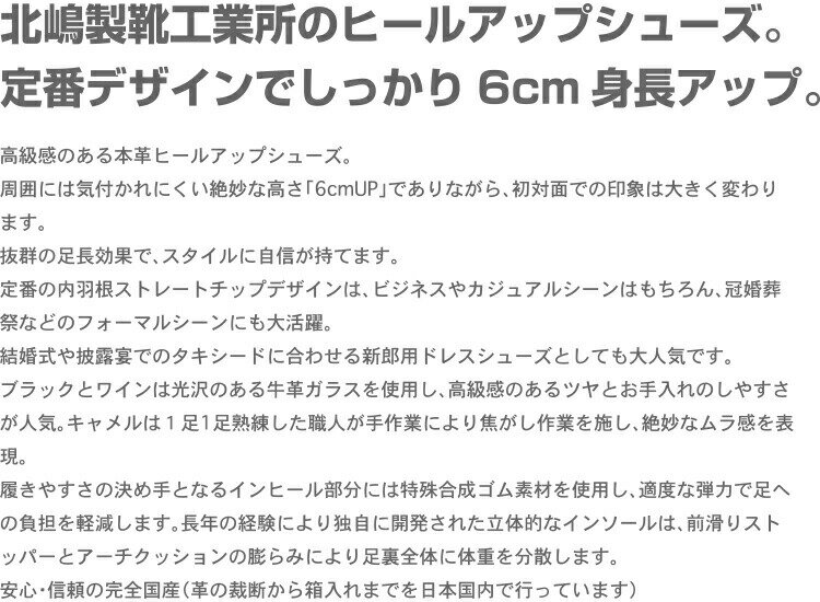 KITAJIMA 北嶋製靴工業所KI-1301ヒールアップシューズ ビジネスシューズ メンズ4E 内羽根 ストレートチップ 本革 革靴 日本製 6cmUP 3