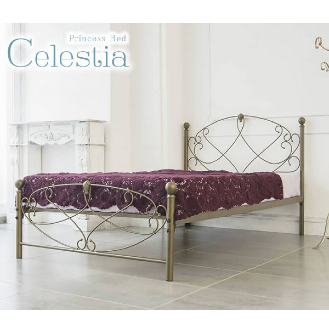 ＜シングル単品＞セレスティアベッド BSK-906S 幅103cm×奥行206cm 2色 ホワイト ゴールド 高級感 貝のモチーフ 簡単組立て ベッド下28.5cm かわいい 送料無料