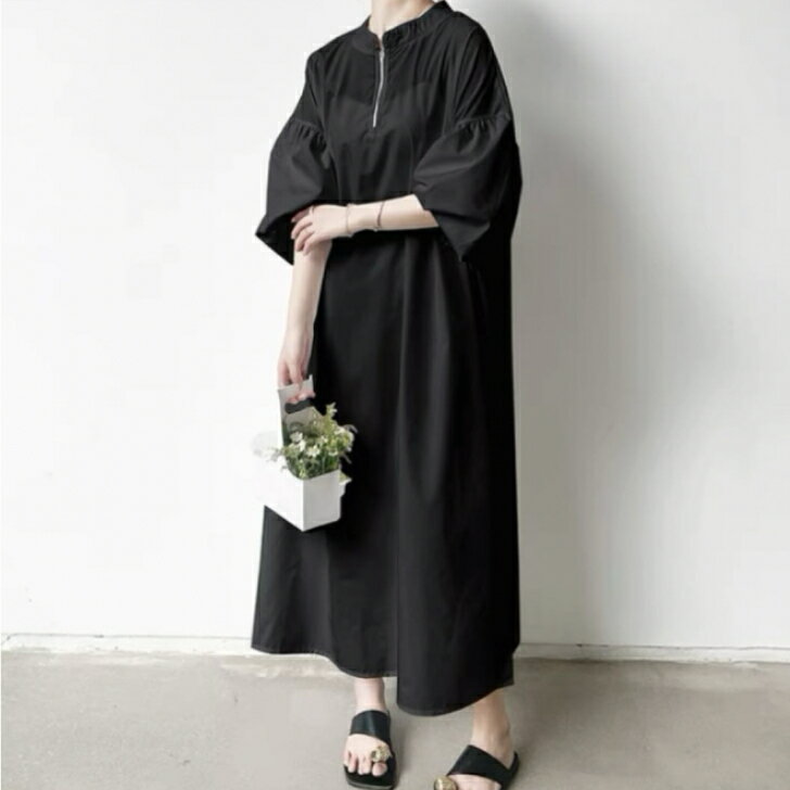 ハーフジップボリュームスリーブロングワンピース■長袖 バルーンスリーブ バルーン袖 ぽわん袖 ゆったり フレアワンピース シャツワンピース スタンドカラー