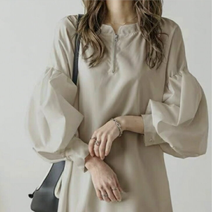 ハーフジップボリュームスリーブロングワンピース■長袖 バルーンスリーブ バルーン袖 ぽわん袖 ゆったり フレアワンピース シャツワンピース スタンドカラー