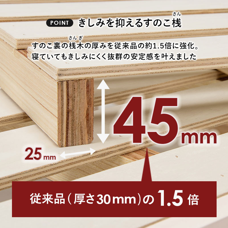 すのこベッド シングル ベッド シングルサイズ ロングサイズ 敷布団OK 耐荷重350kg 頑丈 きしみ たわみ 軽減 高さ 3段階 床下収納 大容量 スペース 天然木 子ども部屋 1人暮らし ワンルーム シンプル おしゃれ [3]