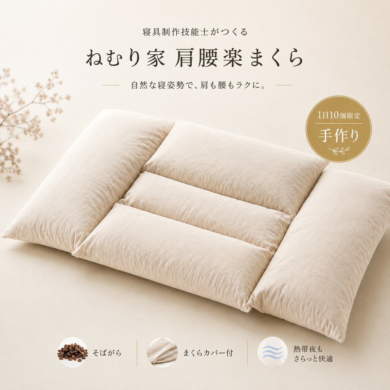 ねむり家 肩腰楽まくら そばがら枕 枕 まくら 手作り 日本製 職人製作 寝具制作技能士 まくらカバー付き 高さ調整 涼しい枕 通気性 夏用 熱帯夜 快眠 首 肩 腰 負担軽減 男性用 女性用 65×45cm 綿100％　送料無料