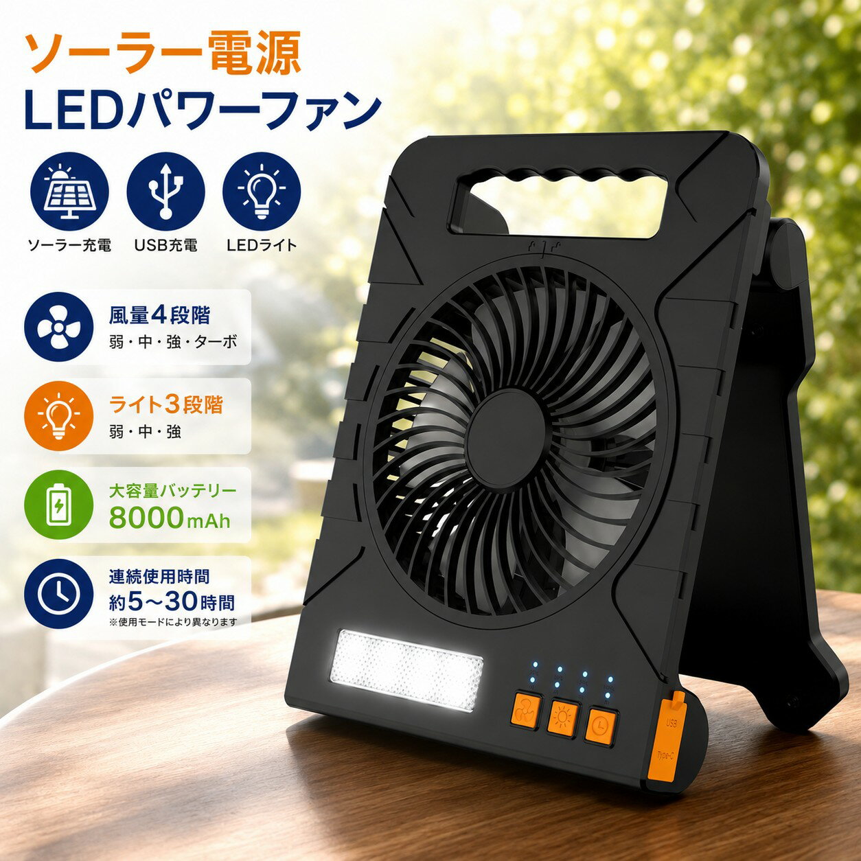 ソーラー電源LEDパワーファン ソーラー コードレス　充電 USB充電 LEDライト付き 扇風機 8000mAh 大容量 4段階風量 3段階調光 防災 停電対策 キャンプ アウトドア 車中泊 ポータブルファン
