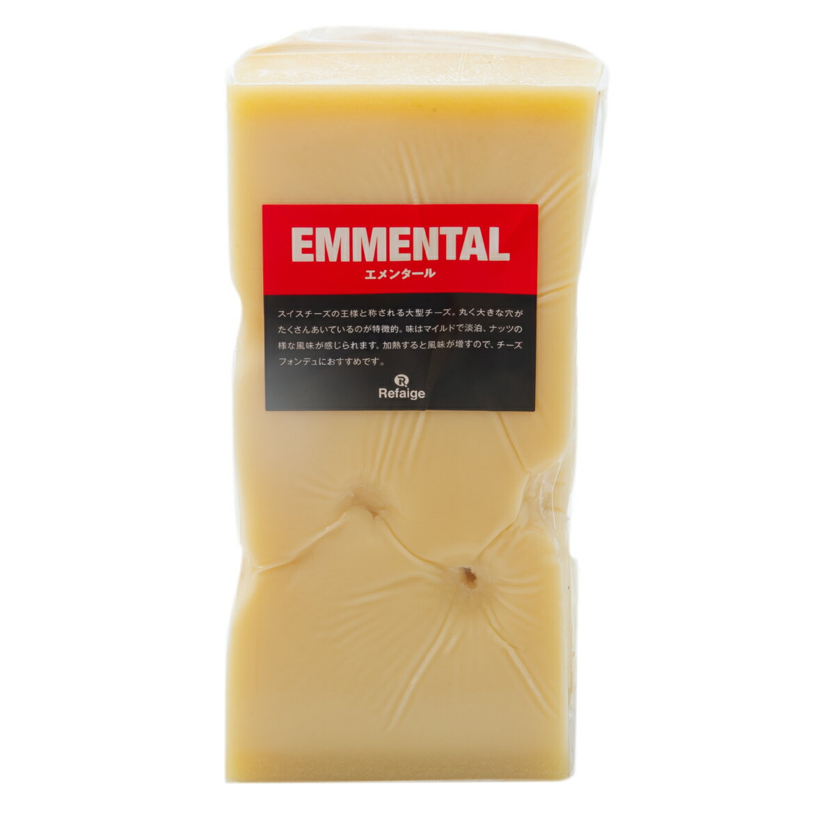 エメンタール エメンタールはグリュイエールと並んでスイスを代表する大型チーズです。 大量の牛乳を使って作る巨大なチーズで、味はマイルドで淡泊、ほんのり香るナッツのような味わいが特徴です。EUのAOPに登録されているので、スイス以外では産地を書くものと定められています。見た目は発行の段階で発生する穴（チーズアイ）が特徴で、アニメなどでは穴あきチーズとしても有名です。そのまま食べられますが、火を通すとさらに風味が増し、よりコクが出てきます。おすすめはなんといってもグリュイエールと共に溶かしてチーズフォンデュです！ 種類別 ナチュラルチーズ 原材料名 生乳、食塩 原産国 スイス 内容量 約1kg タイプ ハード 加工 カット 料理 チーズフォンデュやキッシュなど 合うお酒 フルーティーな白ワインや紅茶等にも 個性 ★★☆ 塩味 ★☆☆ 配送 クール便（商品は真空パック） 賞味期限 お届け後40日以上（未開封時） 保存方法 要冷蔵(10℃以下)乾燥が大敵。 密閉容器にいれて冷蔵庫の野菜室で保存がおすすめです。 開封後は賞味期限に関わらずお早めにお召し上がりください。 栄養成分表示 熱量401kcal、たんぱく質29.0g、脂質31.0g、炭水化物1.0g、食塩相当量0.5g＊100gあたり／推定値 製造・販売者 株式会社リフェージュ　／　埼玉県戸田市美女木5-21-7 ＜仕入・製造・検査・出荷まで自社工場一貫体制にて行っております。＞ 不定貫商品について 1kgあたり税込5,052円にて再計算させて頂きます。