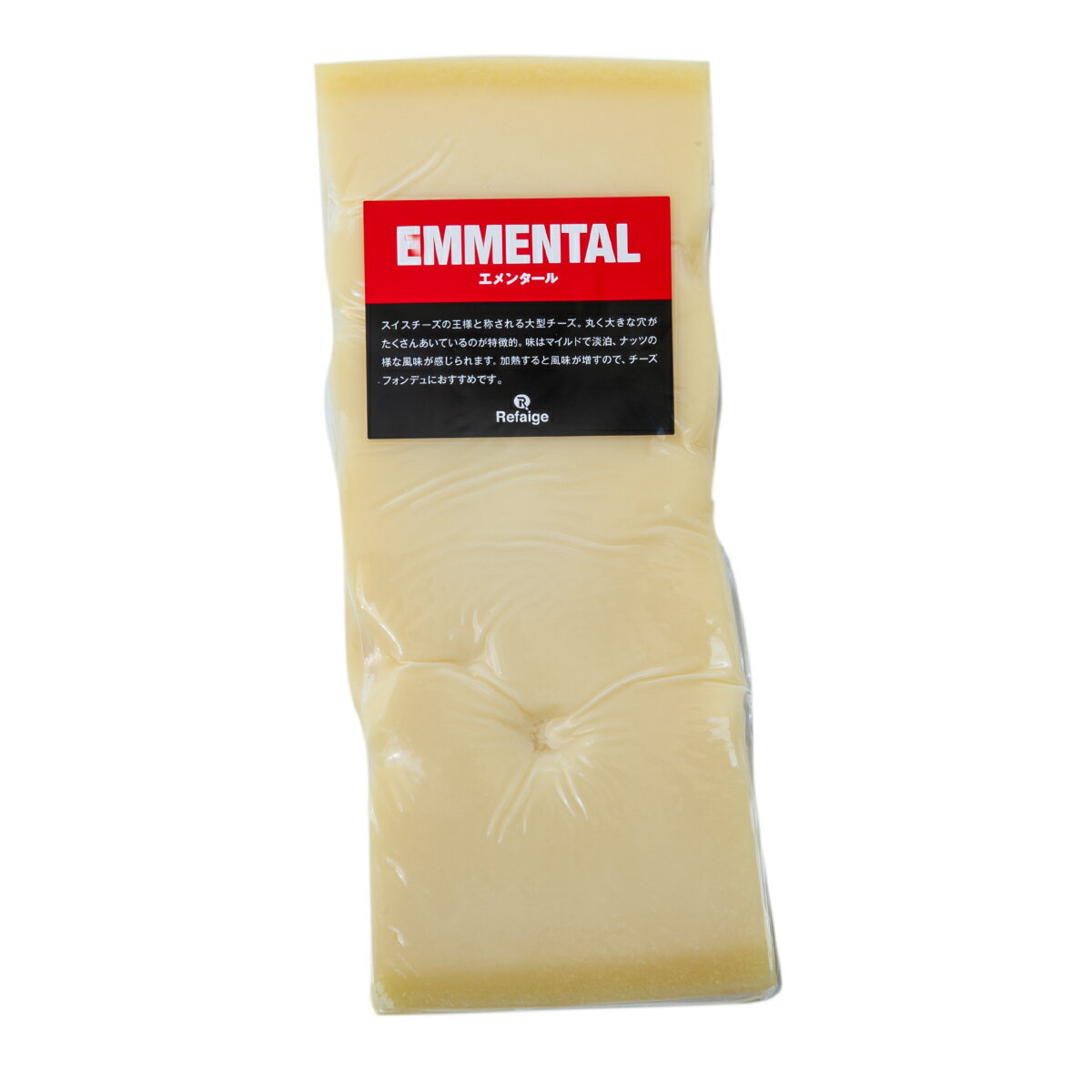 エメンタール エメンタールはグリュイエールと並んでスイスを代表する大型チーズです。 大量の牛乳を使って作る巨大なチーズで、味はマイルドで淡泊、ほんのり香るナッツのような味わいが特徴です。EUのAOPに登録されているので、スイス以外では産地を書くものと定められています。見た目は発行の段階で発生する穴（チーズアイ）が特徴で、アニメなどでは穴あきチーズとしても有名です。そのまま食べられますが、火を通すとさらに風味が増し、よりコクが出てきます。おすすめはなんといってもグリュイエールと共に溶かしてチーズフォンデュです！ 種類別 ナチュラルチーズ 原材料名 生乳、食塩 原産国 スイス 内容量 約500g タイプ ハード 加工 カット 料理 チーズフォンデュやキッシュなど 合うお酒 フルーティーな白ワインや紅茶等にも 個性 ★★☆ 塩味 ★☆☆ 配送 クール便（商品は真空パック） 賞味期限 お届け後40日以上（未開封時） 保存方法 要冷蔵(10℃以下)乾燥が大敵。 密閉容器にいれて冷蔵庫の野菜室で保存がおすすめです。 開封後は賞味期限に関わらずお早めにお召し上がりください。 栄養成分表示 熱量401kcal、たんぱく質29.0g、脂質31.0g、炭水化物1.0g、食塩相当量0.5g＊100gあたり／推定値 製造・販売者 株式会社リフェージュ　／　埼玉県戸田市美女木5-21-7 ＜仕入・製造・検査・出荷まで自社工場一貫体制にて行っております。＞ 不定貫について 1kgあたり税込5,054円にて再計算させていただきます。