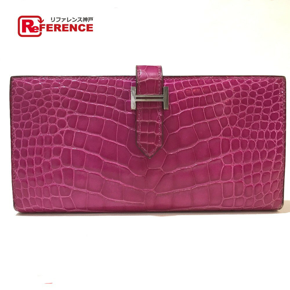 HERMES エルメス 二つ折り長財布 アリゲーター クロコ ベアンスフレ 長財布（小銭入れあり） クロコダイル ローズシェヘラザード レディース【中古】