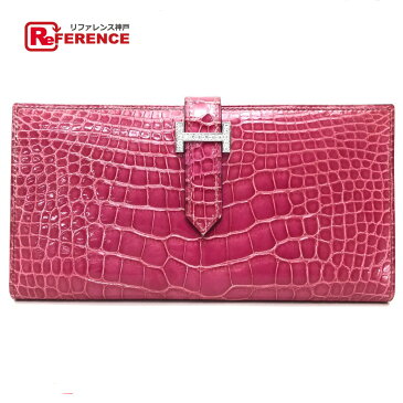HERMES エルメス ベアンスフレ ダイヤモンド付き マチ付き2つ折り長財布 長財布(小銭入れあり) K18WG / ダイヤモンド / シャイニーアリゲーター レディース フューシャピンク 【中古】