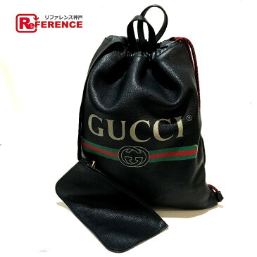 GUCCI グッチ 516639 2WAY バックパック　リュックサック GUCCIロゴプリント ドローストリング シェリーライン ポーチ付 トートバッグ レザー ブラック メンズ【中古】