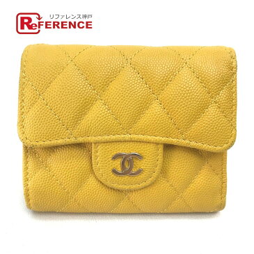 CHANEL シャネル A84401 コンパクトウォレット マトラッセ CC ココマーク 三つ折り財布(小銭入れあり) キャビアスキン レディース イエロー 【中古】