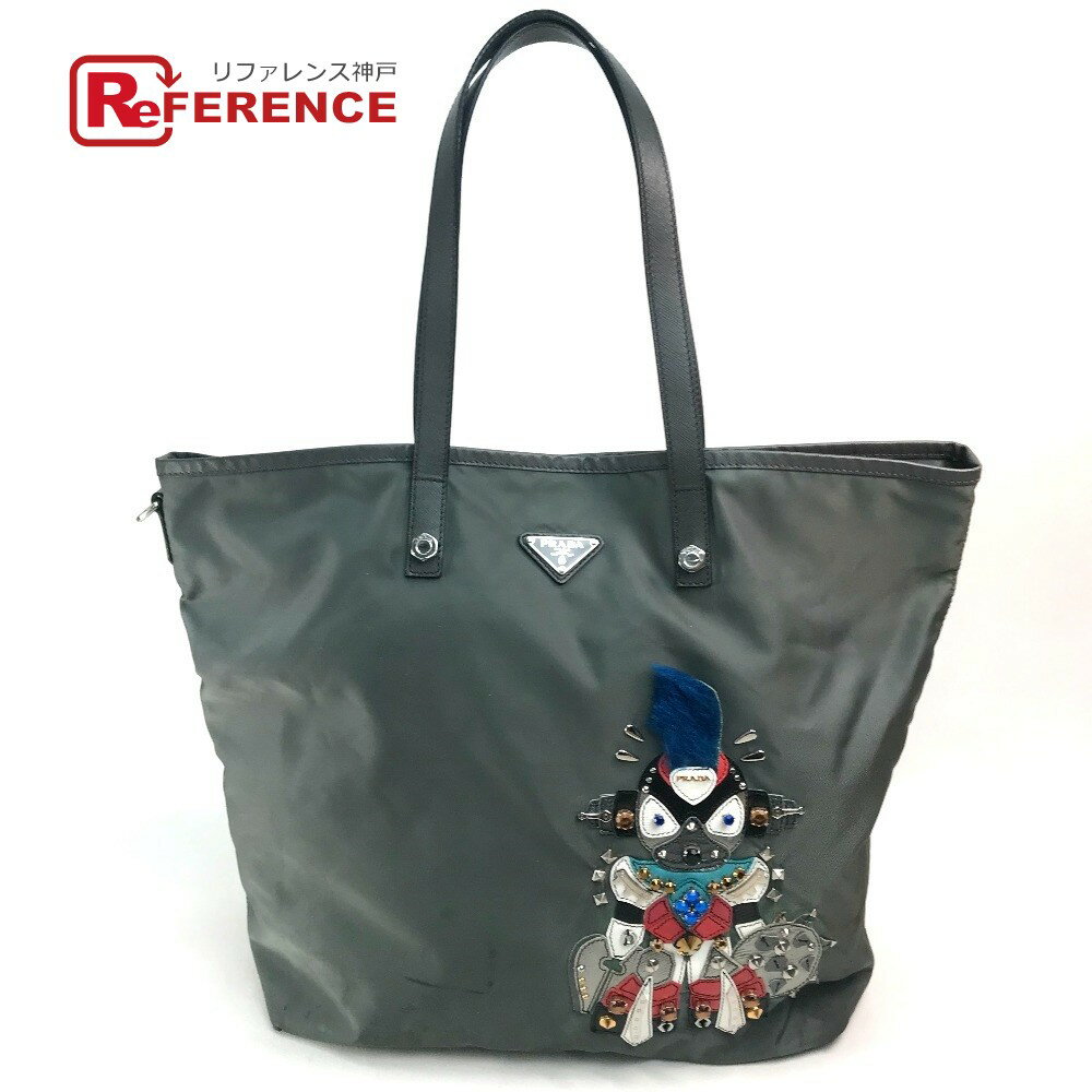 PRADA プラダ 三角ロゴプレート ロボット スタッズ ハンドバッグ トートバッグ ショルダーバッグ ナイロン /サフィアーノレザー レディース グレー 【中古】