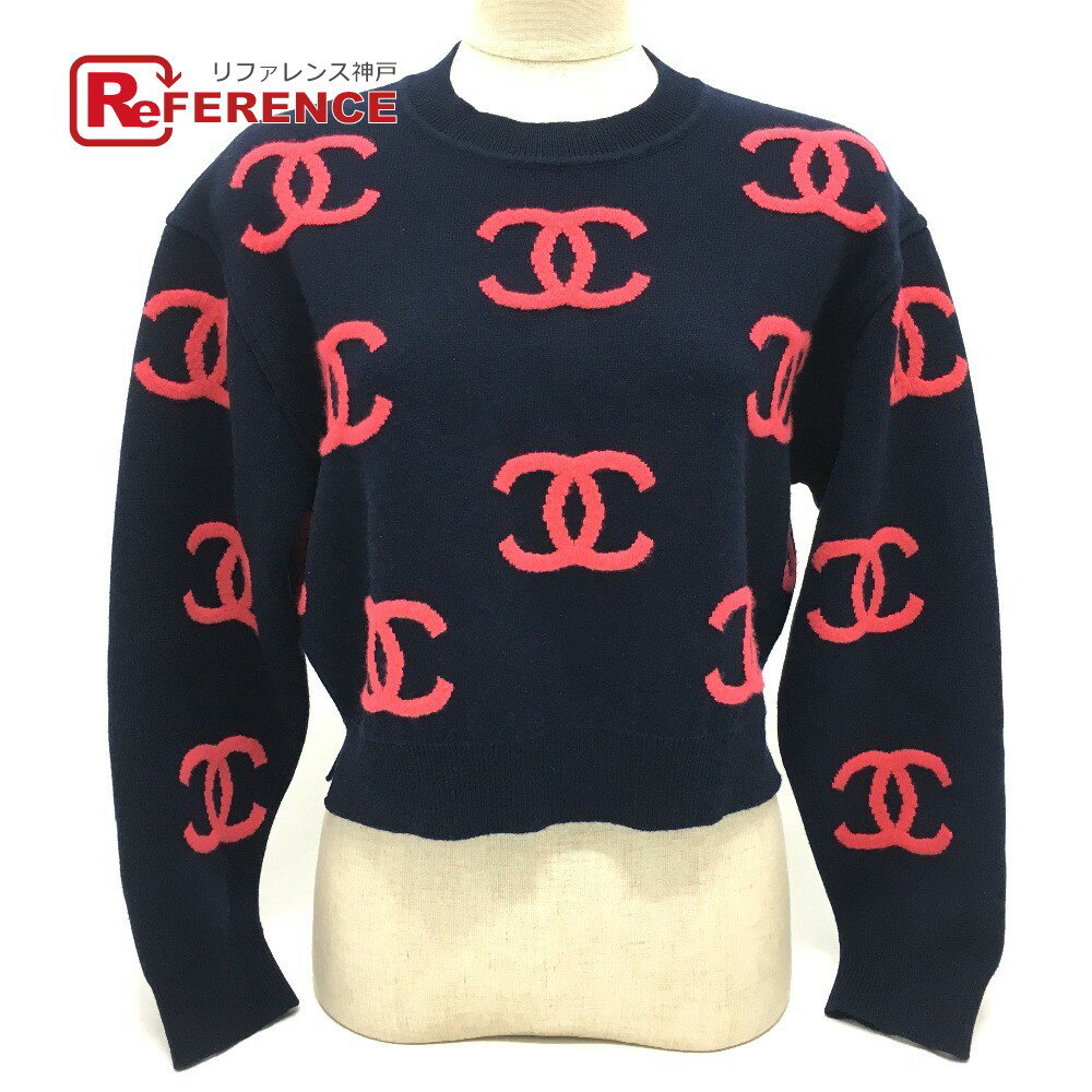 CHANEL シャネル P70525 CCココマーク 21P カシミヤニット プルオーバー セーター カシミヤ レディース ネイビー×ピンク 新品同様 【中古】のサムネイル