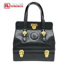 VERSACE ヴェルサーチ サンバースト カバン 2段 バニティ ハンドバッグ レザー レディース ブラック×ゴールド金具 【中古】