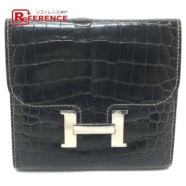 HERMES エルメス コンスタンス コンパクト ウォレット 短財布 2つ折り財布 クロコダイル メンズ ブラック 【中古】