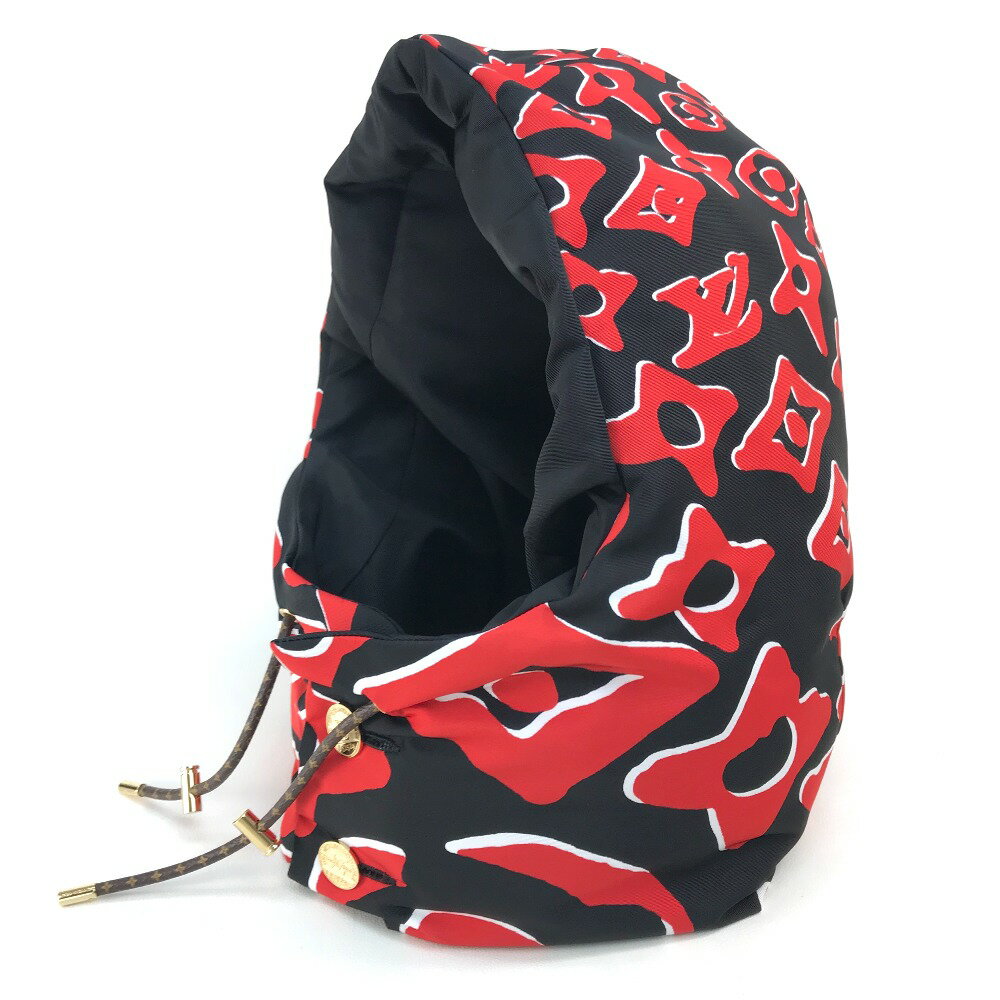 LOUIS VUITTON ルイヴィトン M76557 Urs Fischer ウルス フィッシャー LV×UF フーディー モノグラム 防寒具 帽子 ナイロン レディース ブラック×レッド 未使用 【中古】
