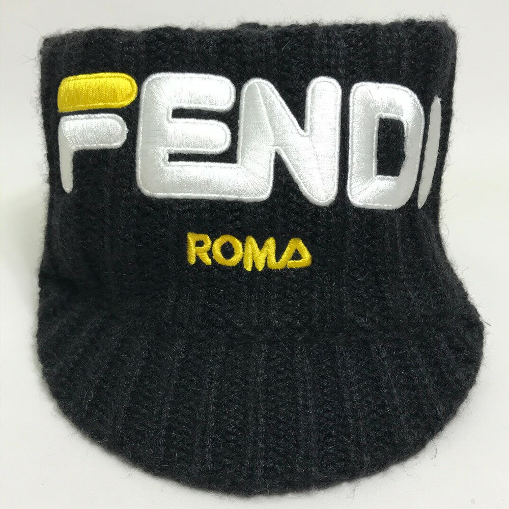 FENDI フェンディ FXQ628 FILAコラボ フェンディマニア ヘッドバンド ニットバイザー 帽子 ニット帽 アクリル メンズ ブラック/ホワイト/イエロー 【中古】