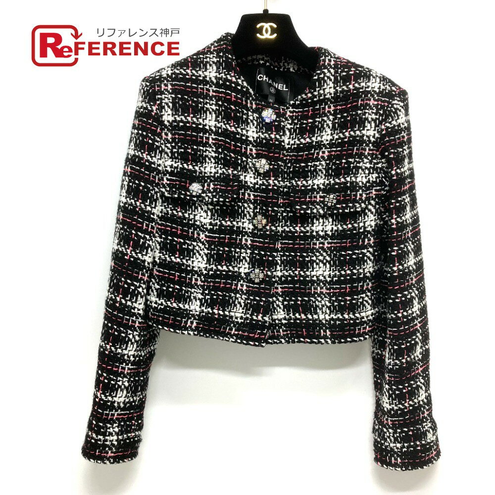 CHANEL シャネル P71782 ツイード チェック柄 21K アウター ブルゾン 2021-22AW ジャケット ツイード /ウール レディース ブラック×ホワイト×ピンク 新品同様 【中古】のサムネイル