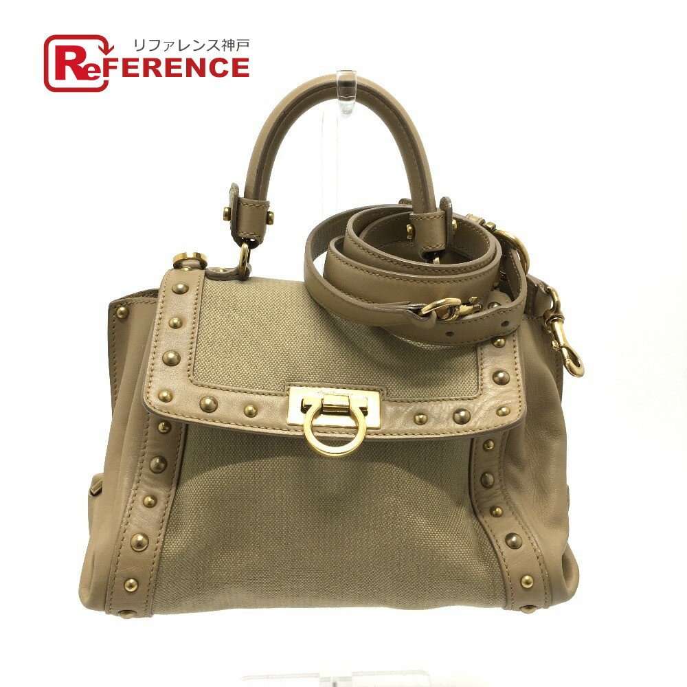 Salvatore Ferragamo サルヴァトーレフェラガモ スタッズ 2WAY ショルダーバッグ ハンドバッグ レザー/キャンバス レディース ベージュ×ゴールド金具 【中古】