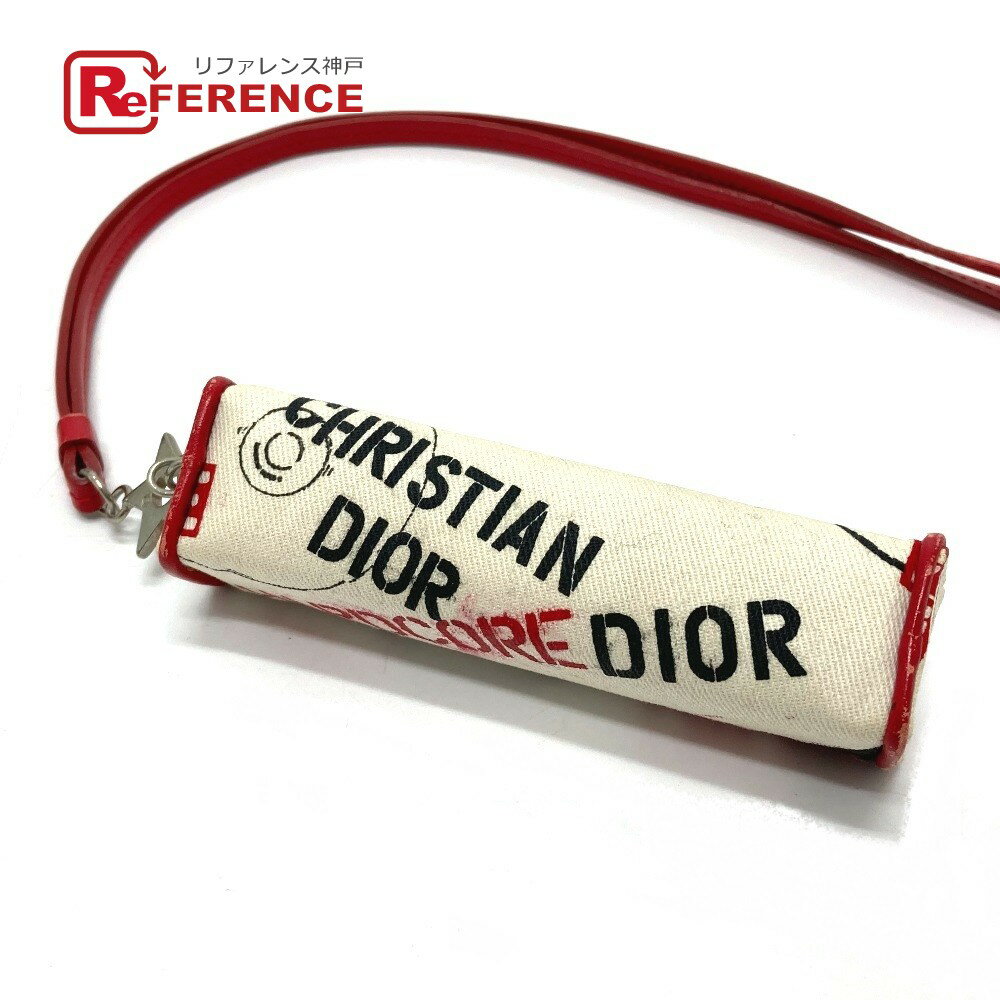 Christian Dior クリスチャンディオール HARDCORE チャーム バッグチャーム ポーチ レザー/キャンバス レディース ホワイト×レッド 【中古】