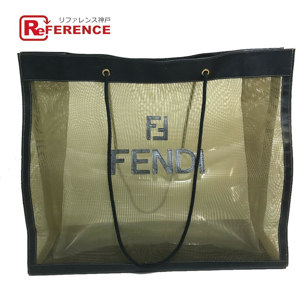 FENDI フェンディ 259643 ロゴ 特大 ショルダーバッグ トートバッグ メッシュ/レザー レディース カーキグリーン×ブラウン 【中古】