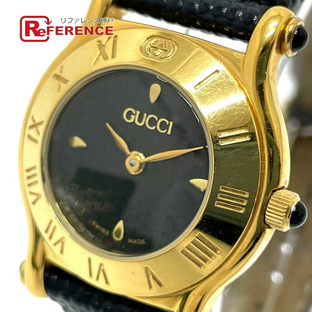 GUCCI グッチ 6500L ロゴ クオーツ 腕時計 GP /レザーベルト レディース ゴールド×ブラック 【中古】