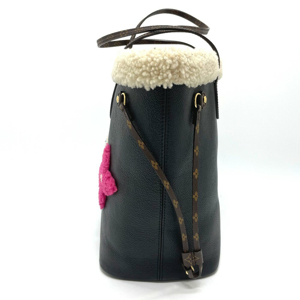 LOUIS VUITTON ルイヴィトン M56960 シアリング モノグラムフラワー LVイニシャル ネヴァーフルMM カバン モコモコ ショルダーバッグ トートバッグ カーフレザー レディース ブラック 【中古】