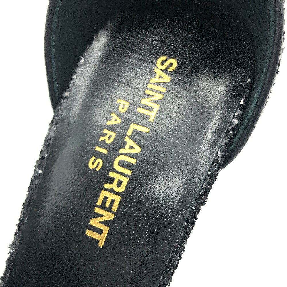 SAINT LAURENT PARIS サンローランパリ 438805 リボンモチーフ グリッター サンダル ヒール パンプス グリッターキャンバス レディース ブラック ブラック 未使用 【中古】